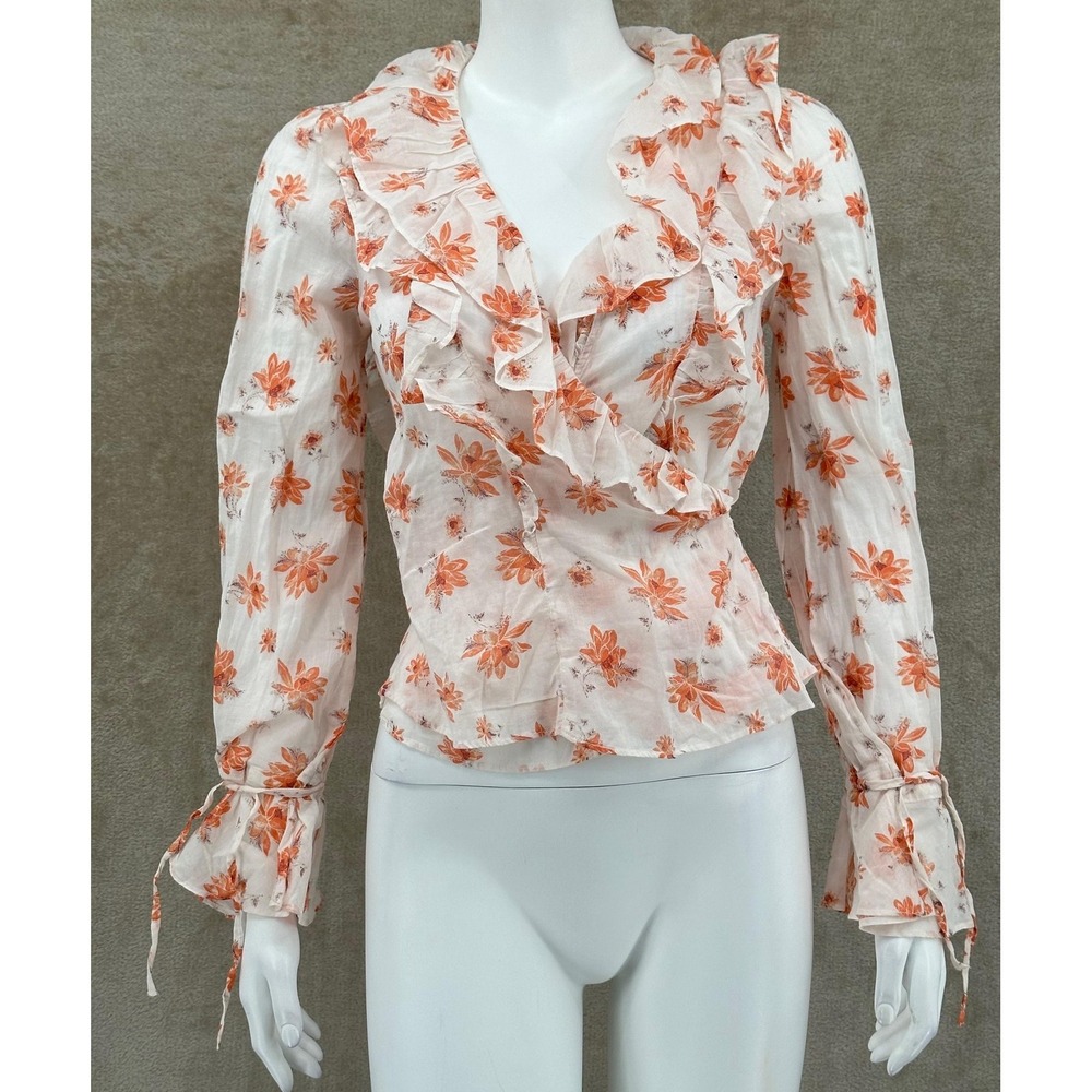 Free People Top‎ Womens XS Ivory Amanda Floral Ruffle Wrap Boho Cottage Romantic